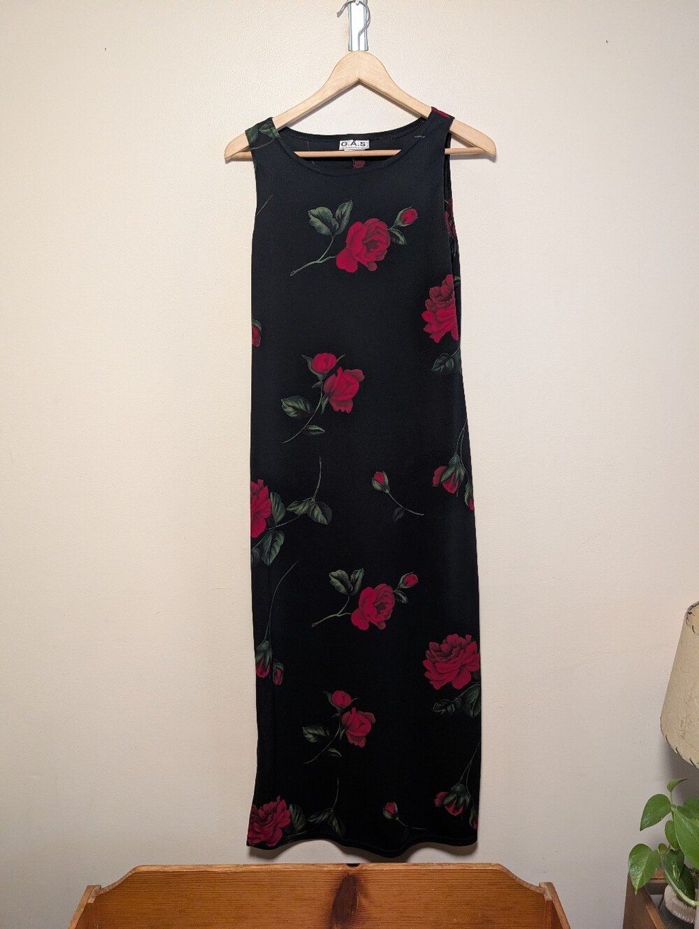 G.A.S. Great American Sportswear Black Red Rose Maxi Dress Size Small 90s Goth